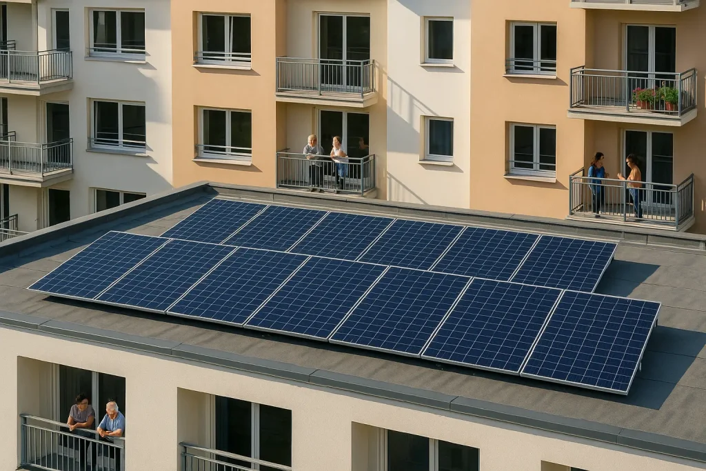 Azotea de edificio de viviendas con placas solares mientras varios vecinos conversan en los balcones compartiendo la instalacion y el ahorro