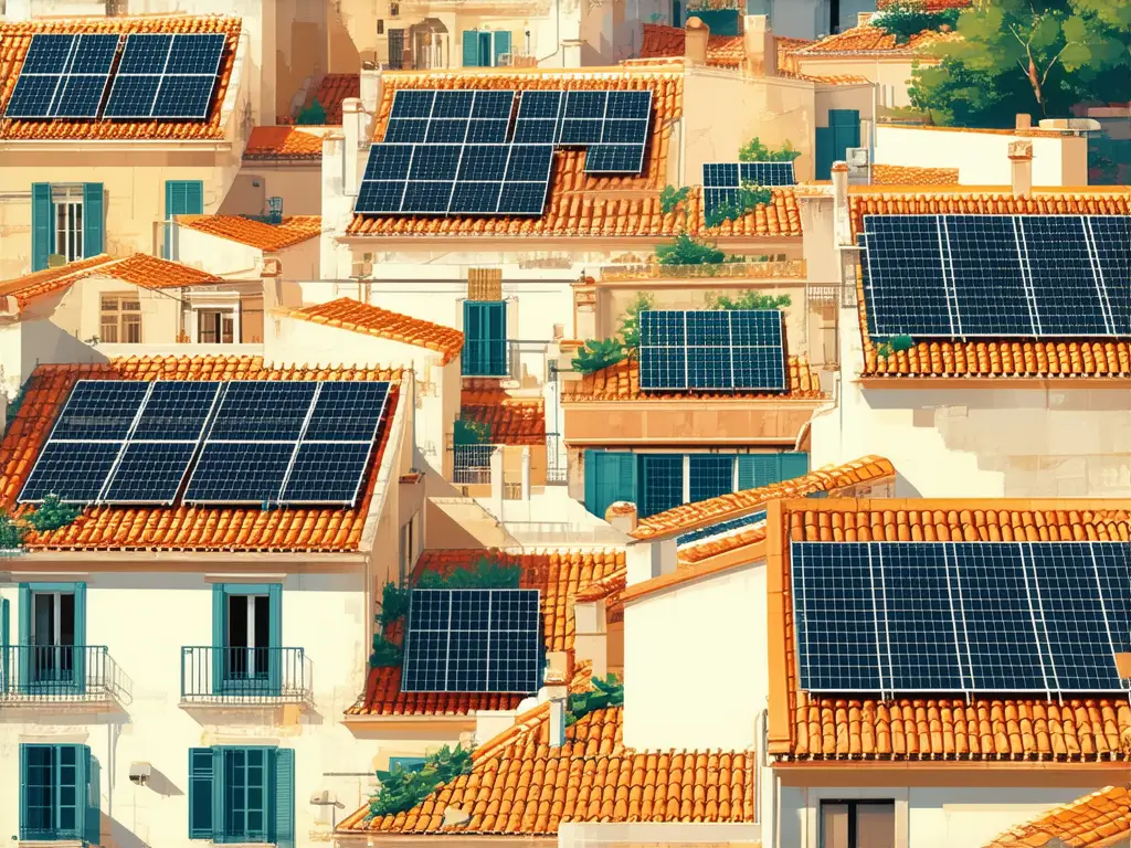 Conjunto de casas con tejados de teja naranja cubiertos de placas solares en una ciudad espanola