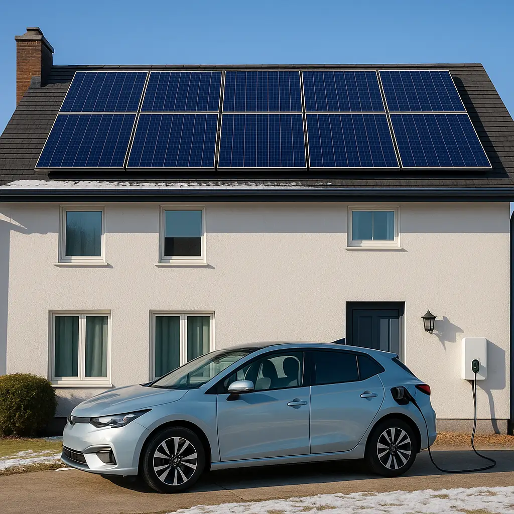 Casa unifamiliar con placas solares en el tejado mientras un coche eléctrico se carga en el punto de recarga doméstico del garaje